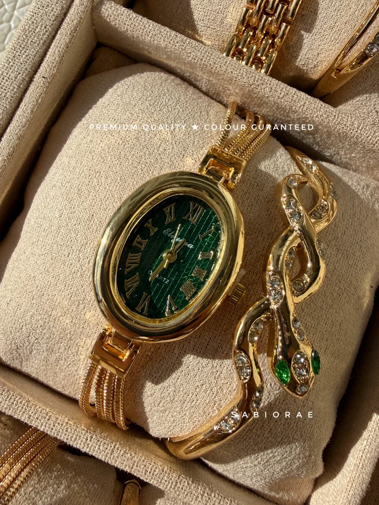 Emerald Oval Watch & Serpent Bangle Combo