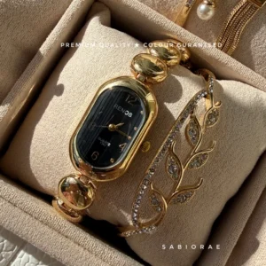 Onyx Stripe Watch & Leaf Bangle Combo
