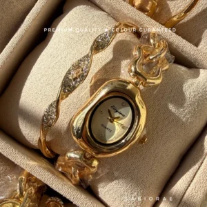 Champagne Oval Watch & Cluster Bangle Combo