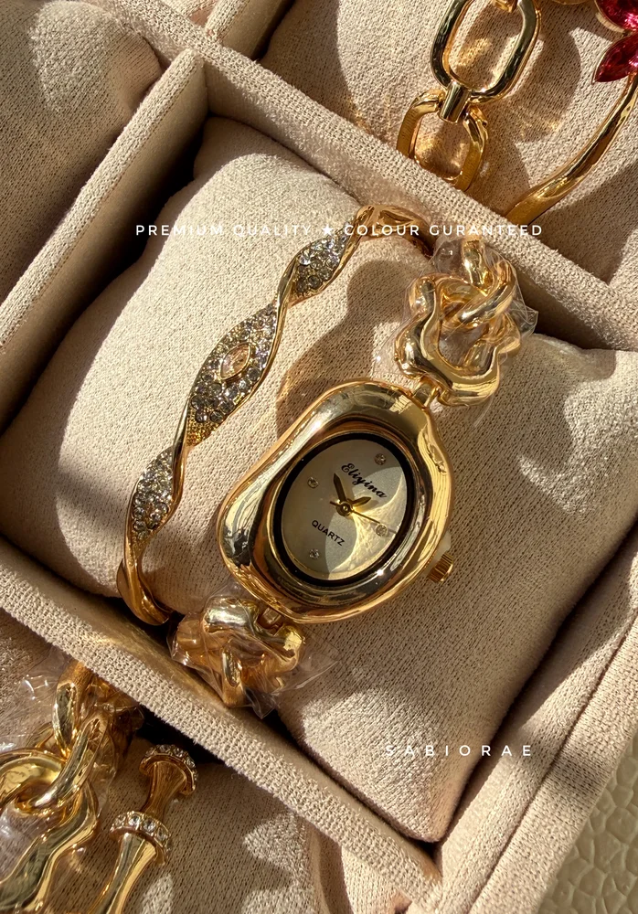 Champagne Oval Watch & Cluster Bangle Combo