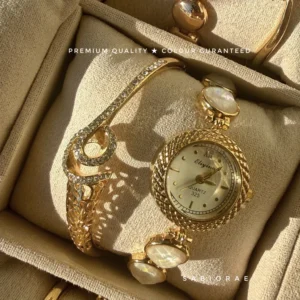 Pearl Inlay Watch & Curve Bangle Combo