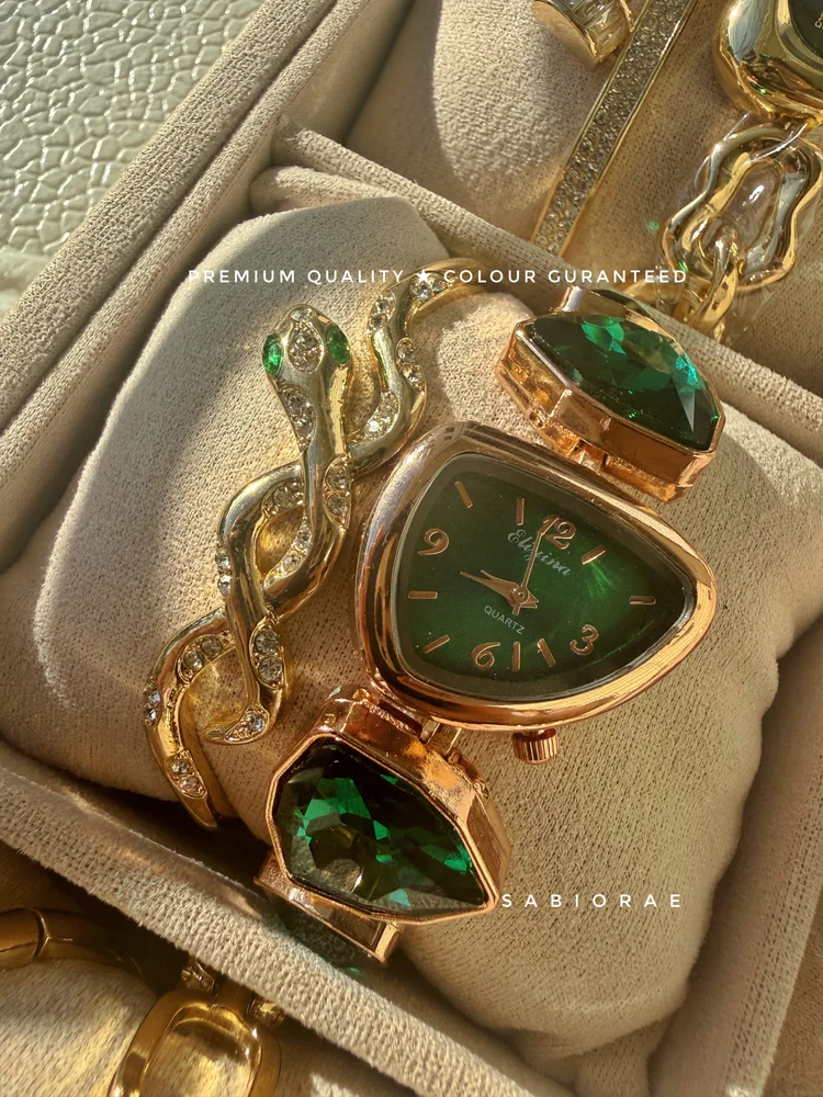 Emerald Shield Watch & Serpent Bangle Combo
