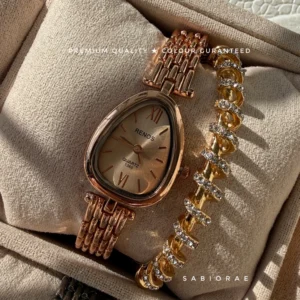 Rose Gold Teardrop Watch & Spiral Bangle Combo