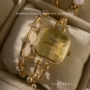 Cushion Gold Watch & Bamboo Bangle Combo