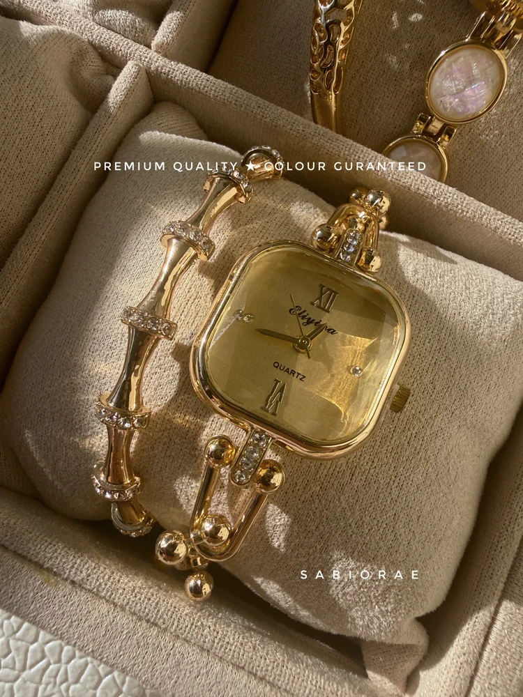 Cushion Gold Watch & Bamboo Bangle Combo