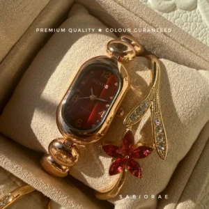 Wine Oblong Watch & Rose Vine Bangle Combo