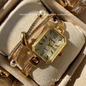 Champagne Octagon Watch & Pearl Bar Bangle Combo