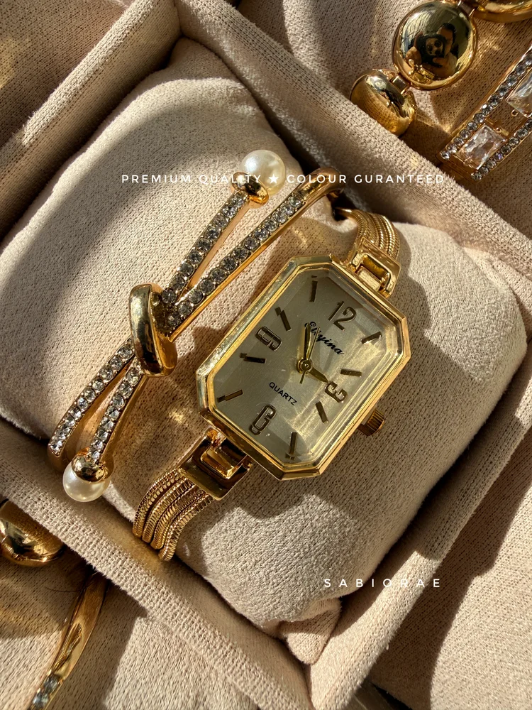 Champagne Octagon Watch & Pearl Bar Bangle Combo