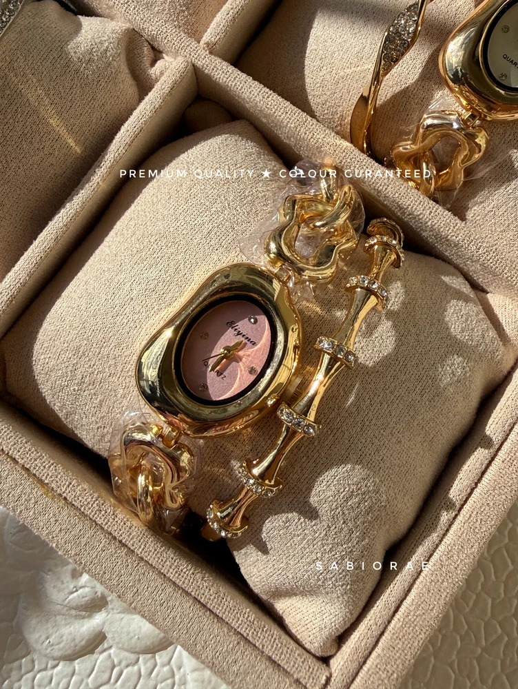Blush Oval Watch & Bamboo Bar Bangle Combo
