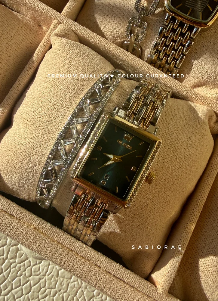 Emerald Rectangle Watch & Baguette Bangle Combo