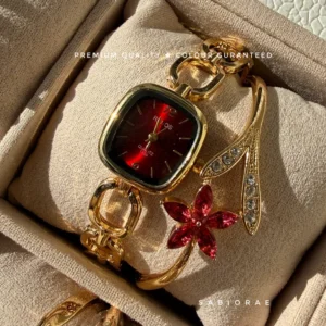 Wine Square Watch & Rose Vine Bangle Combo