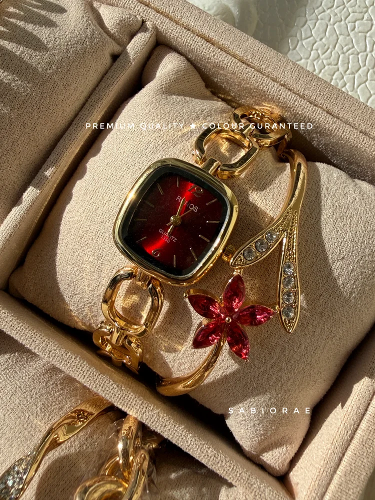 Wine Square Watch & Rose Vine Bangle Combo