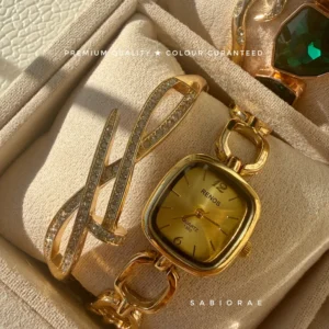 Cushion Gold Watch & Crisscross Bangle Combo