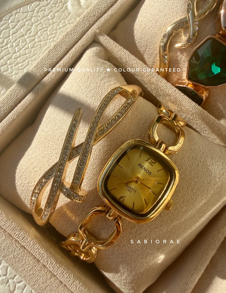 Cushion Gold Watch & Crisscross Bangle Combo